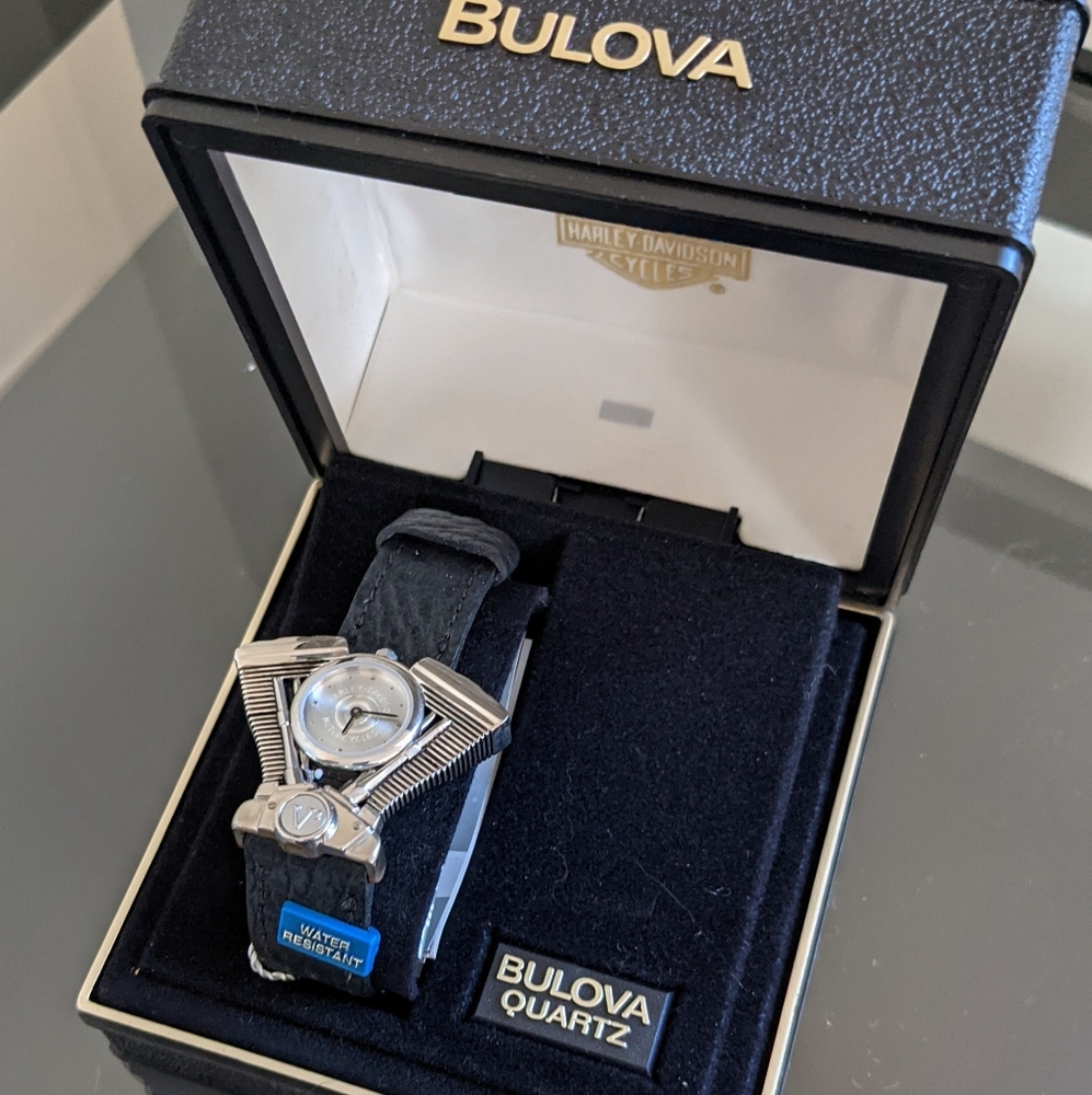 Ultra Rare Retro Harley Davidson Bulova Wristwatch. Black Leather Band.